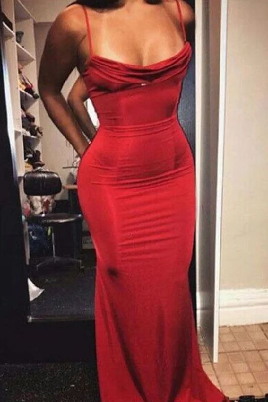 Sequined Evening Dress -Sexy Mermaid Spaghetti Straps Red Satin Long Prom Dress  C2293