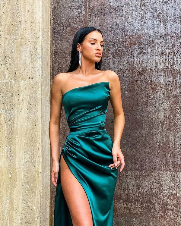 Princess Alabaster Evening Dress -Sexy Mermaid Strapless Dark Green Satin Prom Dresses, Split Party Dresses C1506