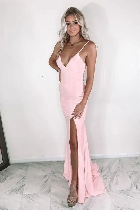 Cool Pearl Evening Dress -Sexy pink prom dress with v neckline  C1415