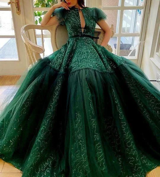 Merlot Cuffed Sleeve Evening Dress -Sexy Prom Dress, Green Long Prom Dresses C510