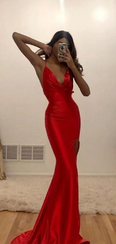 Sultry Reception Evening Dress -Sexy V-neck Mermaid Long Red Prom Dresses C365