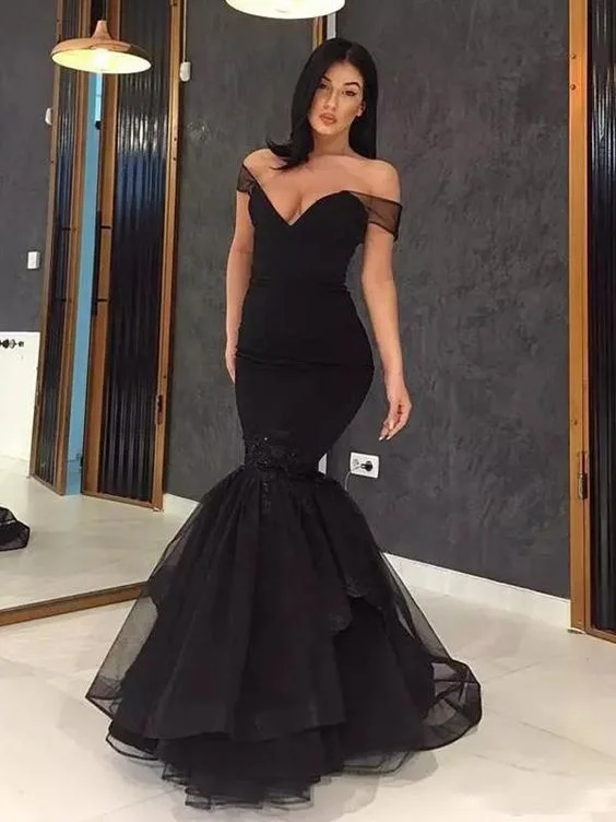 Draped Warm Evening Dress -Sheer Black Organza Off The Shoulder Mermaid Sexy Tiered Ruffles Deep V Neck Prom Dresses  C179