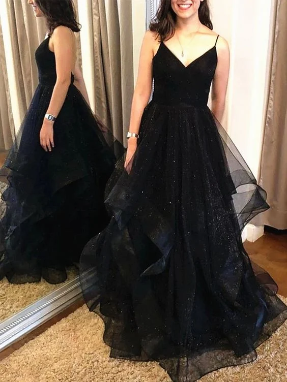 Cowl Evening Dress -Shiny A Line V Neck Black Backless Prom Dresses, Black Open Back Formal Evening Dresses C583