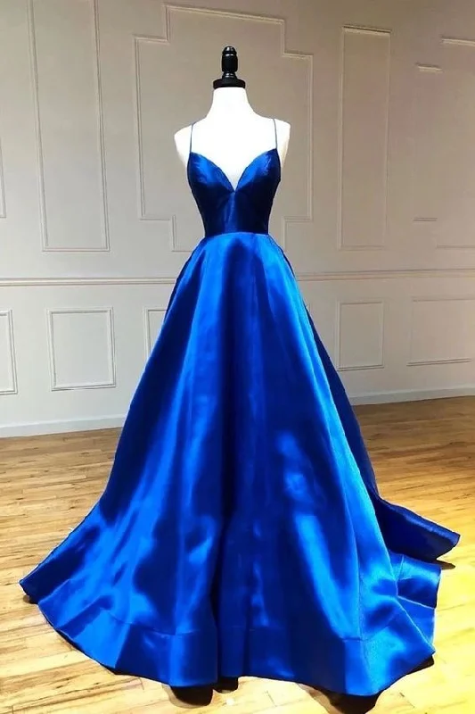 Admiral Yesteryear Occasion Evening Dress -Simple A Line Satin Spaghetti Straps Royal Blue Long V Neck Prom Dress C1697