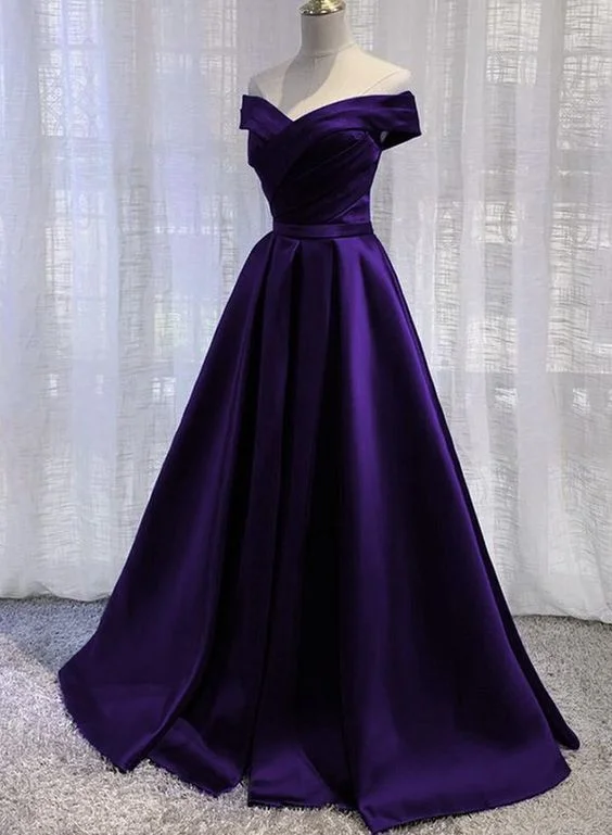 Delicate Spot Soiree Evening Dress -Simple Off Shoulder Satin Long Prom Dress, Dark Purple Party Dress Evening Gown C1673