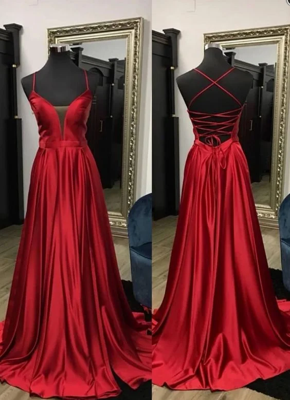 Tassled Evening Dress -Simple Red Elastic Satin Prom Dresses, Lace Up Prom Dresses, Popular Prom Dresses  C2275