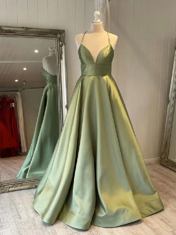 Crisp Evening Dress -Simple Satin V-neck Prom Dresses A-line Long Evening Dresses Womens Dresses Formal Gown C2030