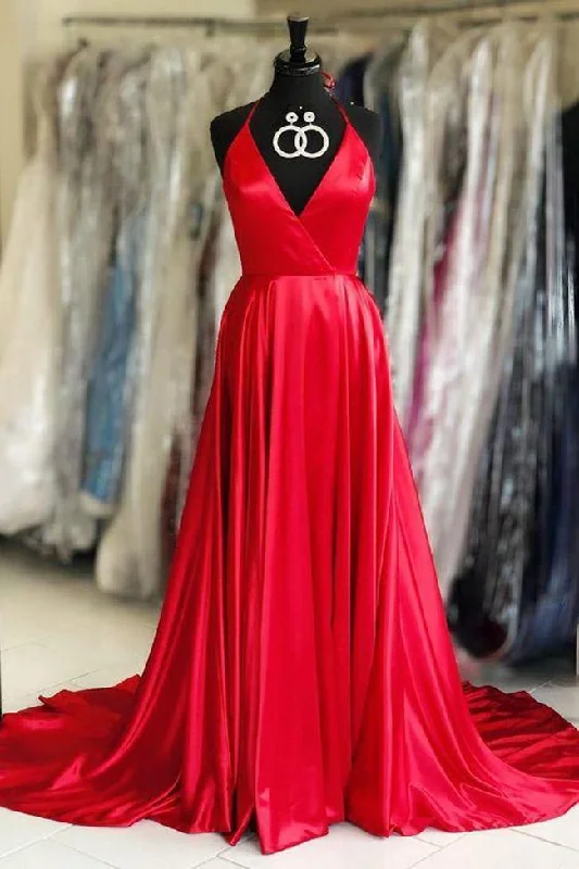 Ash Evening Dress -Simple Spaghetti Straps V Neck Red Satin Prom Dresses Formal Evening Dress Party Gown C1386