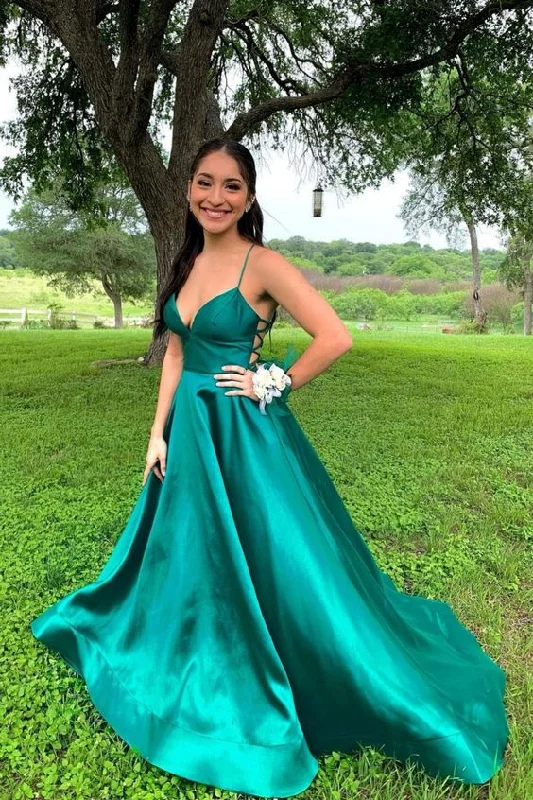 Uneven Evening Dress -simple straps a-line green long prom dress C962