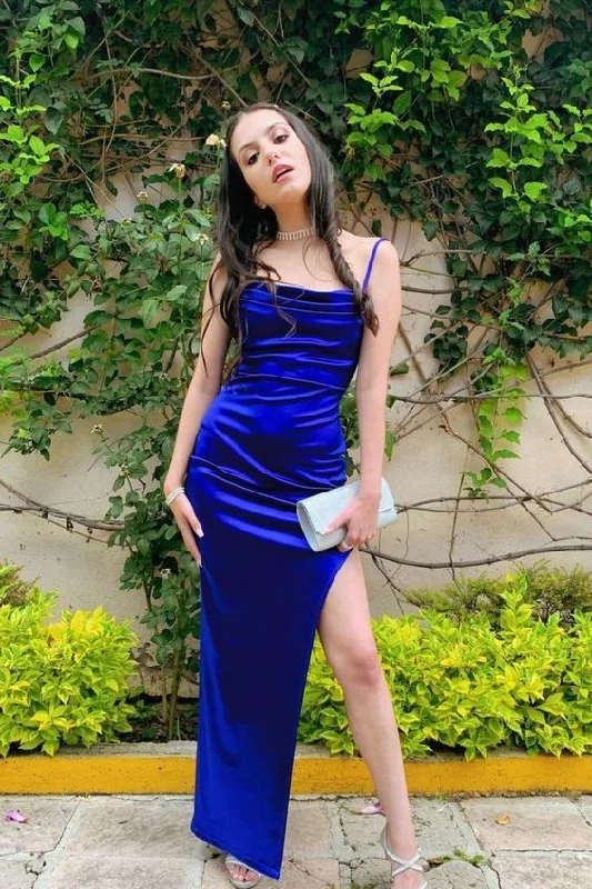 Eggplant Reception Evening Dress -simple straps royal blue long prom dress with slit C932