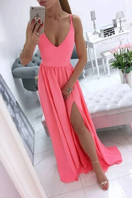 Alabaster Splendid Debutante Evening Dress -Simple v neck coral chiffon long prom dress C1758