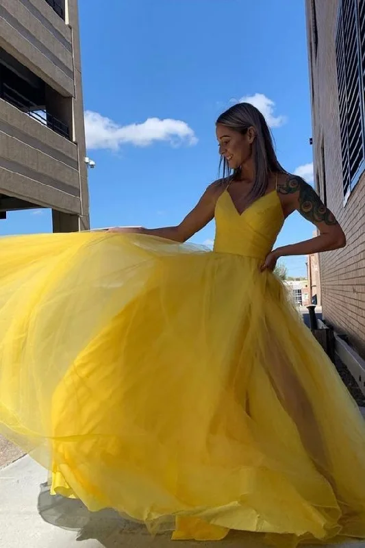 Draped Evening Dress -Simple V-Neck Yellow Long Prom Dress  C965