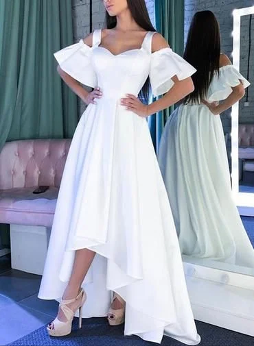 Full-Length Banquet Evening Dress -Simple White Satin Sweetheart Long Prom Dress With Short Sleeve C334