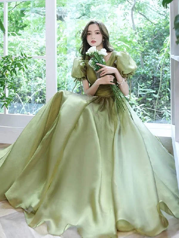 Fawn Evening Dress -Socialite evening dress, escaped princess high sense party dress, bubble sleeve green prom dress C2040