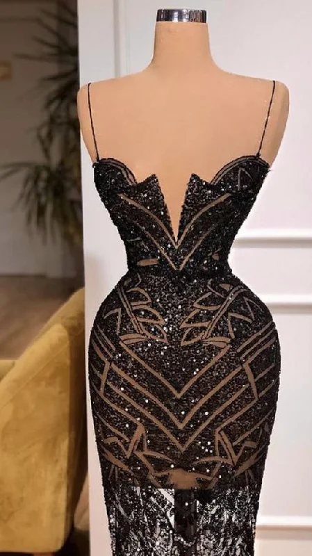 Spot Soiree Evening Dress -Spaghetti Straps Black Prom Dress, Sexy Evening Dress C2100