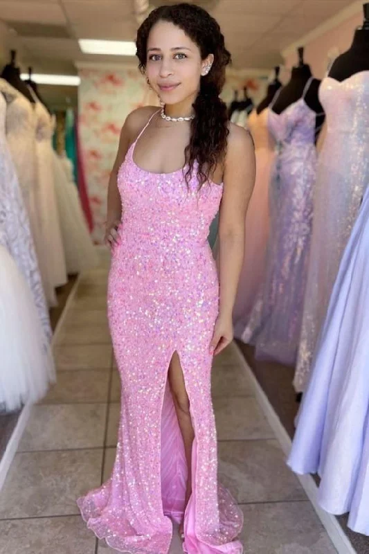 Ash Warm Evening Dress -Spaghetti Straps Pink Sequins Mermaid Prom Dress C921