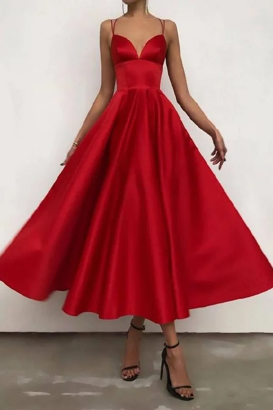 Sultry Evening Dress -Spaghetti Straps Ruffles Satin Ruby Tee-Length Prom Dresses C1359