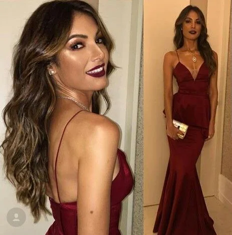 Elbow Sleeve Debutante Evening Dress -Spaghetti Straps V Neck Long Sexy Sheath Evening Dress,Sexy Sheath Long Burgundy Spaghetti Straps Prom Dress C412