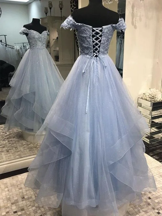 Adolescent Reception Evening Dress -Sparkly Off Shoulder Blue Lace Long Prom Dresses, Off the Shoulder Blue Formal Dresses C401