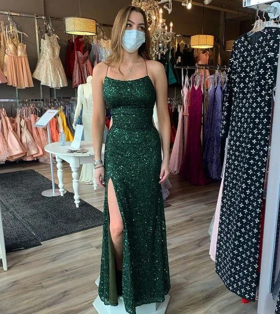 Topaz Evening Dress -Sparkly Sheath Scoop Neck Dark Green Sequins Prom Dresses, Split Evening Dress C2176