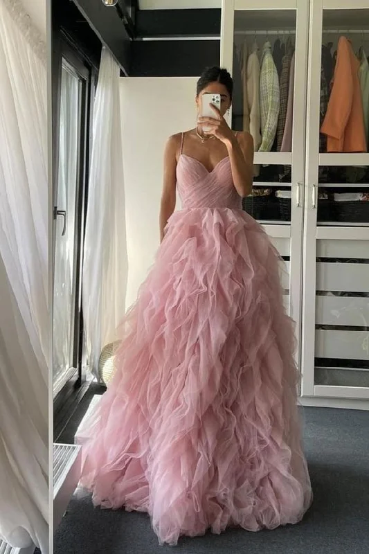 Golden Flowing Evening Dress -Straps Blush Pink Prom Dress with Cacasding Ruffles C964