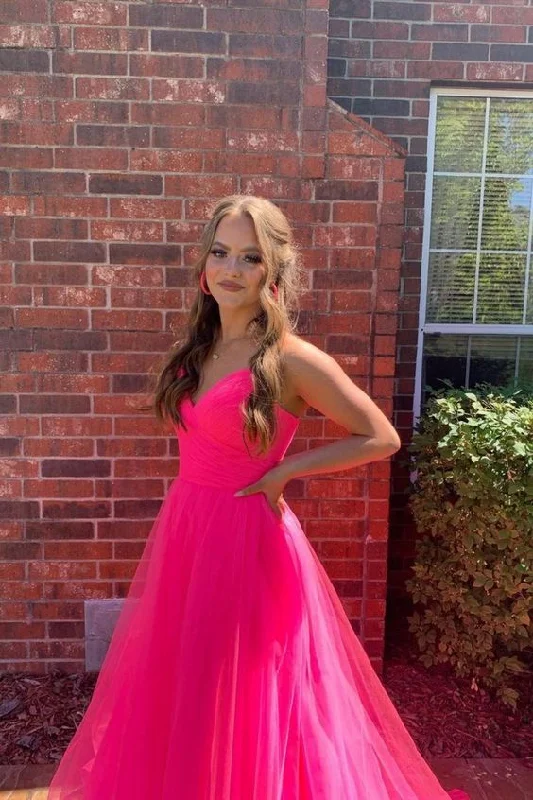 Royal Sultry Evening Dress -straps hot pink tulel prom dresss cheap long prom dress C1020