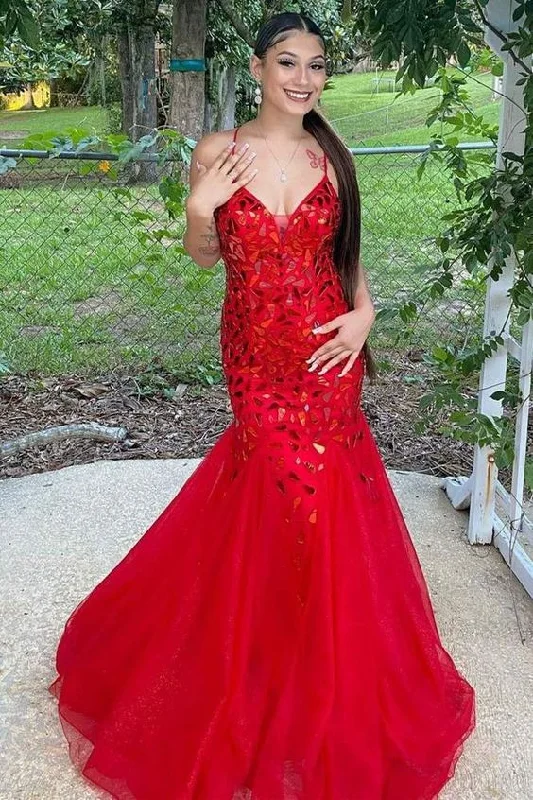 Boat Neck Soiree Evening Dress -Straps Trumpet Red Sequins Long Prom Dress  C696