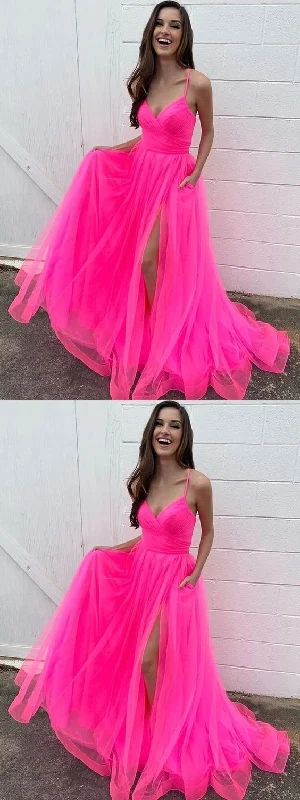 Periwinkle Evening Dress -Stylish A Line V Neck Hot Pink Long Prom Dresses with High Slit, V Neck Hot Pink Formal Dresses, Hot Pink Evening Dresses C2306