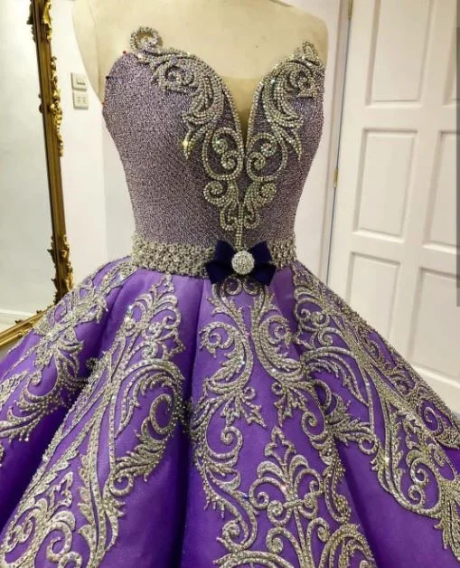 Moire Banquet Evening Dress -Sweetheart Ball Gown Prom Dresses Satin With Applique Sweep Train C1202