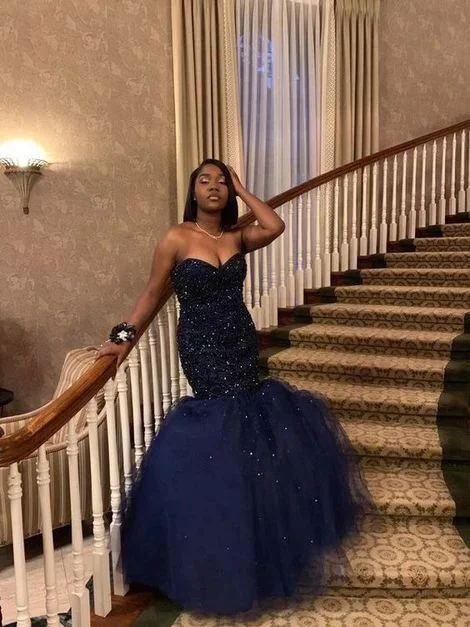 Shine Evening Dress -Sweetheart Navy Blue Mermaid Prom Dress With Beading  C1678