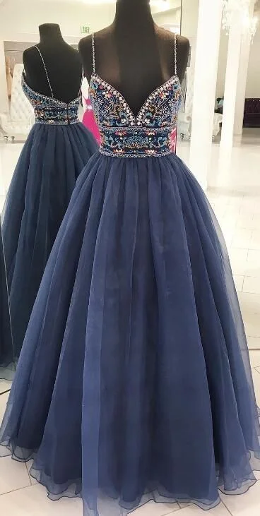 Sultry Jacquard Evening Dress -Unique Straps Embroidered Navy Blue Long Prom Dress C192