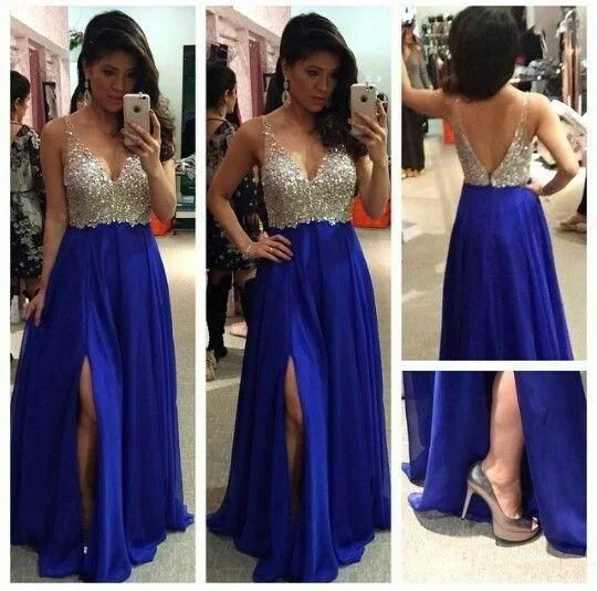 Femme Linear Debutante Evening Dress -V-neck Beaded Long Prom Dress Roayl Blue Formal Dress C765