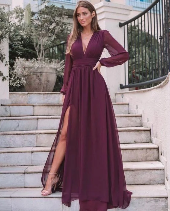 Eggplant Antique Debutante Evening Dress -V Neck Chiffon Prom Dresses With Long Sleeves , High Split Party Dress C848