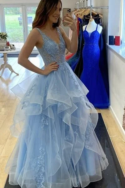 Gossamer Evening Dress -V Neck Fluffy Blue Lace Long Prom Dress, Blue Lace Formal Dress, Layered Blue Evening Dress  C390