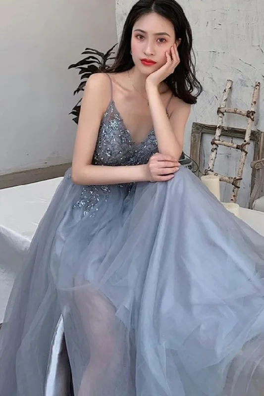 Moire Evening Dress -V Neck Gray Beaded Long Prom Dresses, V Neck Beaded Gray Formal Evening Graduation Dresses C285