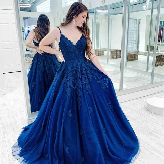 Discount Evening Dress -V-Neck Lace Appliques Royal Blue Long Prom Dress  C37