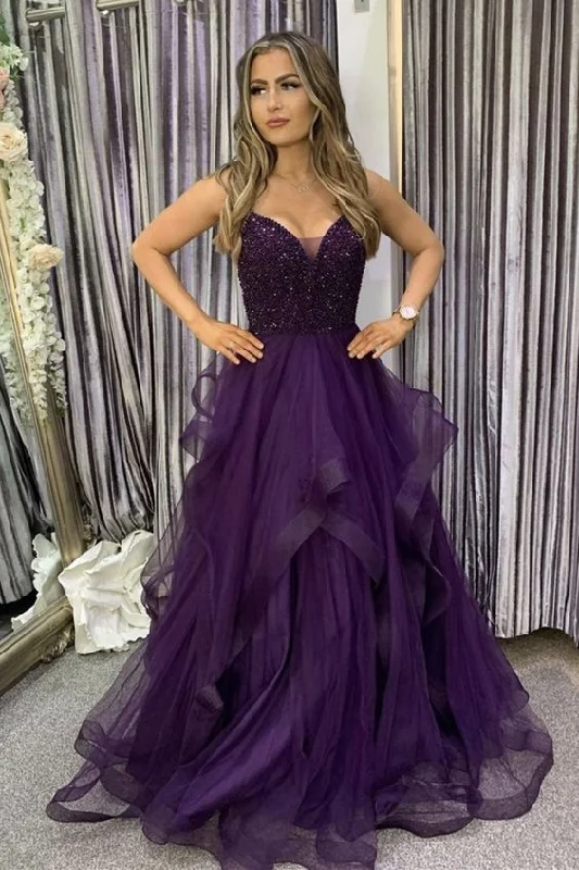 Fresh Evening Dress -V Neck Purple Beaded Long Prom Dress, Fluffy Purple Formal Evening Dress with Beadings C447