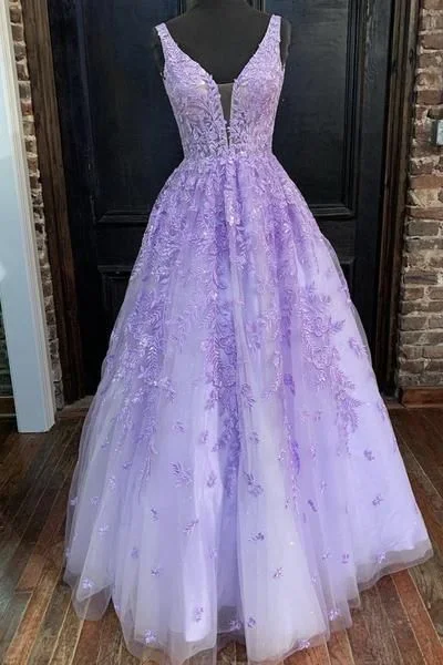 Fringe Supper Evening Dress -V Neck Purple Lace Long Prom Dress, Long Purple Lace Formal Dress, Lilac Lace Evening Dress C1873