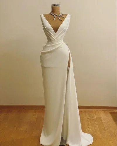 Crisp Ash Evening Dress -V Neck Slit Side Long Prom Dresses Evening Gown  C1389