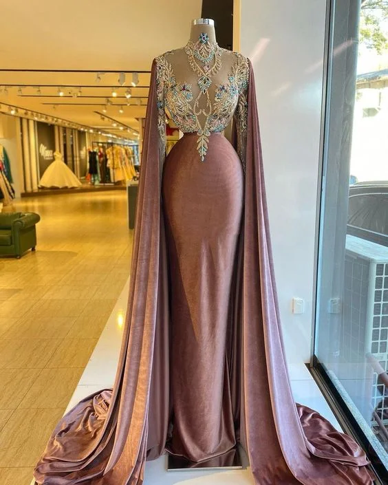 Swirl Evening Dress -Velvet prom dresses, long sleeve prom dresses, mermaid evening dresses, beaded prom dresses, custom make prom dresses, sexy party dresses C2136