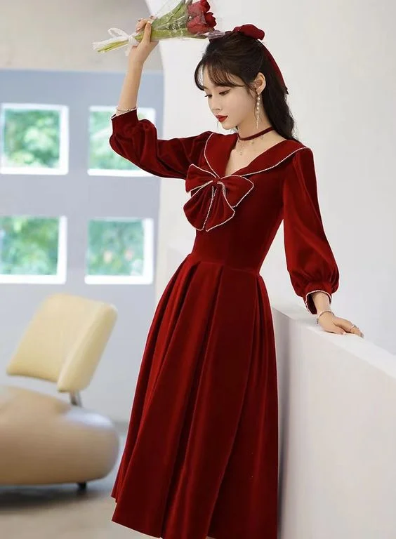 Pine Single-Sleeve Banquet Evening Dress -New style, autumn and winter long sleeve dress, party velvet evening dress, New Year prom dress,custom made C2051