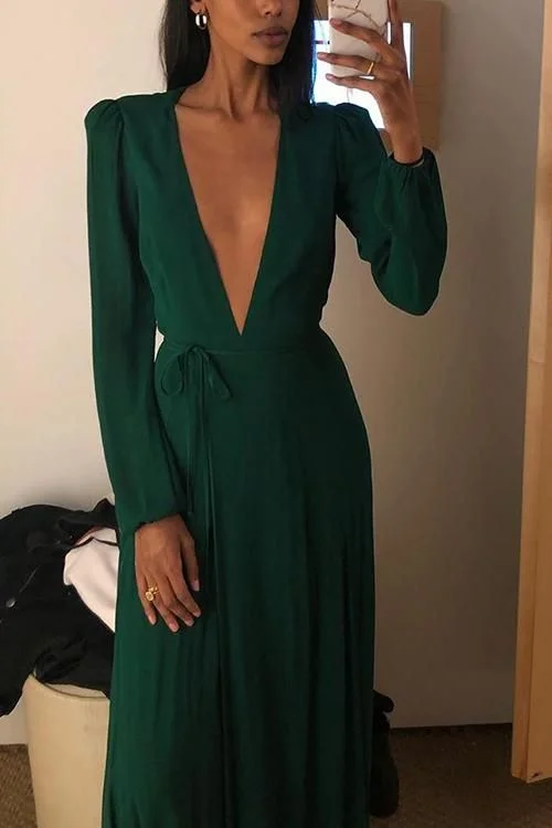 Alabaster Evening Dress -Vintage Formal Dress Women Lady V Neck Long Sleeve Autumn Winter Green Prom Dress C753