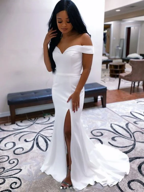 Strappy Pumpkin Evening Dress -White off shoulder satin mermaid long prom dress white evening dress C1115