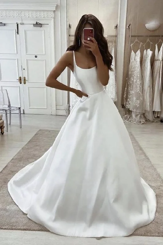 Pearl Evening Dress -White satin long A line prom dress evening dress  C115