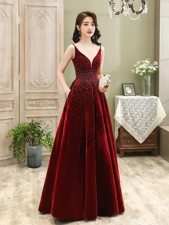 Eggplant Sequined Evening Dress -Wine Red Velvet Straps Long Evening Dress, Floor Length New Style Prom Dress, Paty Dress  C1736