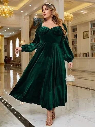 Alabaster Evening Dress -Women Plus Sweetheart Neck Lantern Sleeve Ruched Velvet Prom Dress C2048