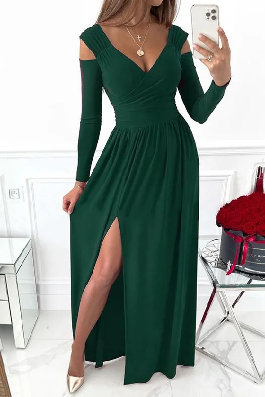 Eggplant Antique Debutante Evening Dress -Women's Dresses Long Sleeve V-Neck Solid Strapless Split Prom Dress C2319