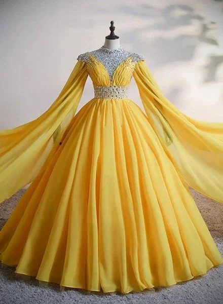 Low-Cut Evening Dress -Yellow Chiffon Long Beaded Ball Gown Formal Dress, Yellow Formal Dress, Prom Dress C2133