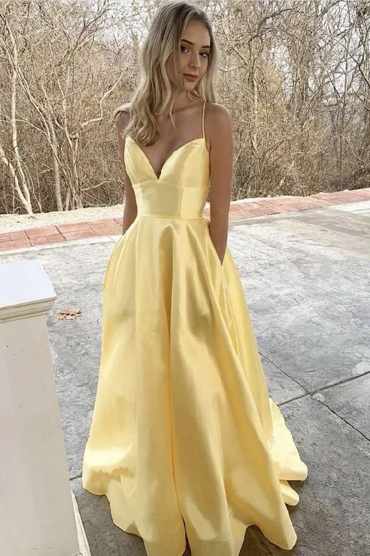 Antique Damask Evening Dress -Yellow satin long A line prom dress evening dress C864