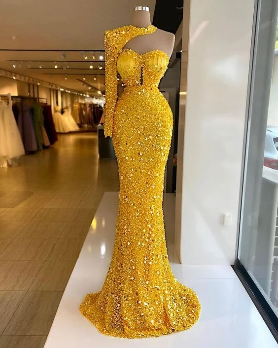 Full-Length Fawn Evening Dress -Yellow sequin mermaid long prom dress, sexy evening dress C1034